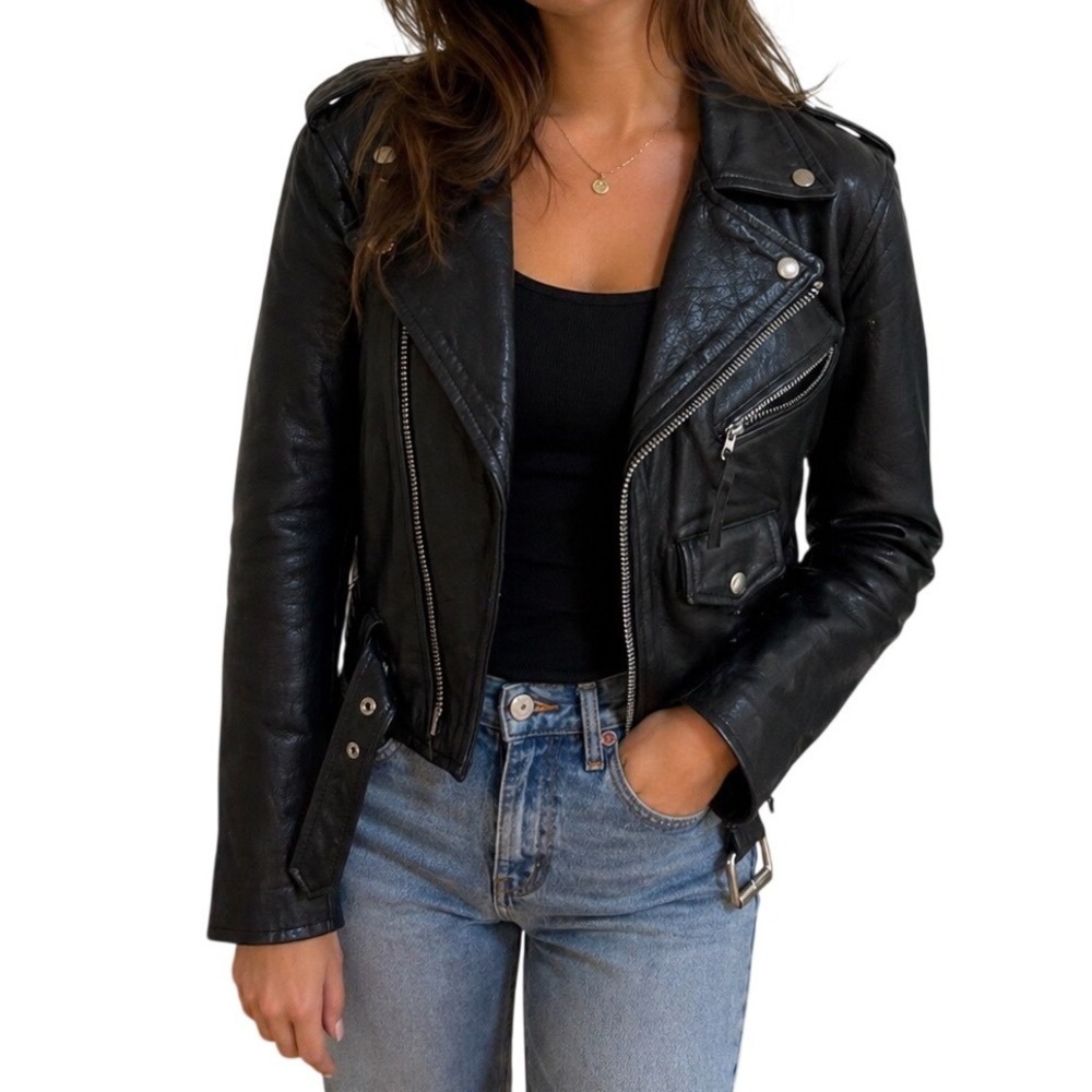 First Genuine Leather Black Biker Motorcycle Jacket Belted vintage size medium